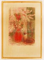 Tassy Klára (1922-2001): Virágcsendélet. Monotípia, papír, jelzett, üvegezett keretben, 34×24 cm