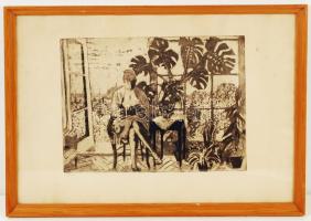 Breznay József (1916-2012): Ablak. Rézkarc, papír, jelzett, üvegezett keretben  29×38 cm