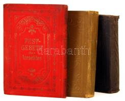 3 db imádságoskönyv: Landau, M[oses] I[srael] [Halevi]: Festgebete der Israeliten. 4. köt.: Jom Kippur. Bécs-Bp., 1905, Schlesinger. Lekopott aranyozású bőr kötésben, héber-német bilingvis kiadás, jó állapotban.; Stern, S. G.: Machsor. Die sämmtlichen Festgebete der Israeliten. 6. köt.: Für das Schluss- und Thorafreudefest. Bécs, 1897, Schlesinger. Díszes bőrkötésben, héber-német bilingvis kiadás, jó állapotban.; Mákzór imádságos könyv az év minden ünnepnapjára. 4. köt.: Jóm-kippur ünnepre. Ford.: Schön József. Bp., é. n., Schlesinger. Kicsit meglazult bőrkötésben, jó állapotban.