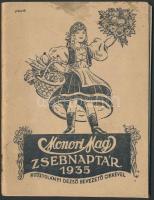 1935 Monori Mag zsebnaptára, Kosztolányi Dezső bevezető írásával. Kiadja a Magyar Magtenyésztési Rt. Monori Magkereskedése. A borító elválik a kötéstől.
