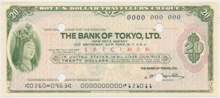 Amerikai Egyesült Államok DN Tokió Bank 20$ SPECIMEN utazási csekk lyukasztással érvénytelenítve T:I- USA ND The Bank of Tokyo, Ltd. 20 Dollars SPECIMEN travellers cheque, cancelled with holes C:AU