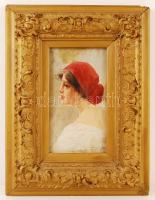 Olvashatatlan jelzéssel: Fejkendős nő. Olaj, fa, antik keretben, 29×17 cm