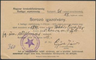 1919 Tanács-köztársasági sorozó igazolvány / Hungarian Soviet Republic draft