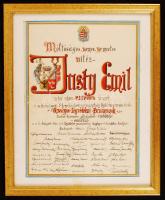 1940 vitéz Justhy Emil tábornok (akkor még ezredes) Országos Légvédelmi Parancsnokká kinevezésére készített, kézzel festett emléklap az összes beosztott tiszt aláírásával és az tábornok családi címerével. Bekeretezve. / Ornamented, hand-painted  memorial for a general conmemorating his appointment to the head or Hungarian air-defence. In frame. 45x55 cm