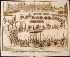 cca 1700 Frantz Christoph Khevenhiller: Jakab angol király látogatása Madridban 1623. Rézmetszet. / Visit of Jacob, king of England in Madrid. Etching. 39x32 cm