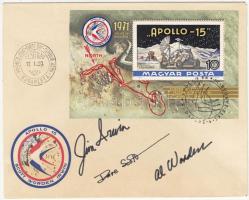 1971 Apollo 15 FDC a holdra szálló űrhajósok (David Scott, Alfred Worden, James Irwin) saját kezű aláírásával / 1971 Apollo 15 FDC with autograph signatures of the astronauts