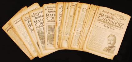 1933 A Magyar Cserkész Gödöllői Jamboreen kiadott 15 száma sok képpel, térképpel, néhány lap hiánnyal néhol viseltes állapotban / 1933 Gödöllő Scout Jamboree magazine special issues for the 15 days. Some pages missing, some in damaged condition. Many photos, maps