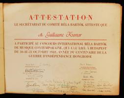 1948 Oklevél az 1948-as Nemzetközi Bartók Béla Találkozóról Komor Vilmos karmester részére. Kodály Zoltán, Weiner Leó, Serey Tibor, Kadosa Pál, Fischer Anni és mások autográf aláírásával.  Bp. 1948. Kner nyomda. 2 l. Dormbornyomott borítóval. / Kodaly congress memorial card with autograph signatures of famous Hungaria and foreign musicans 44x35 cm