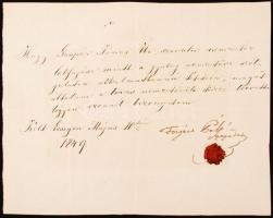 1849 Forgács Pál nemzetőr százados által Ecsegen kiállított igazolás egy nemzetőr részére lovas nemz...