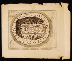 1692 Nicolas de Fer: Plan de la Fortresse Mongats - A munkácsi vár tervrajza. Az Introduction á la fortification c. munkájából. Paris, 1692. Rézmetszet. Méret: 20×25 cm. Lapméret: 34x29 cm. / Map of Munkacevo. Etching