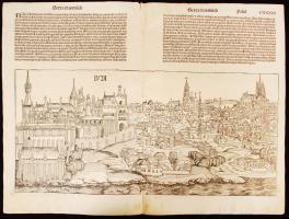 Buda fametszetű látképe Hartmann Schedel: Liber Chronicarum (Nürnberg, 1493) című munkájának latin nyelvű első kiadásából. Buda első ismert ábrázolása két levélre nyomtatva. Alján kis javítással. Hátoldalán Strassburg teljes fametszetű képe. További oldalakon püspökök képeivel. A metszetek valószínűleg Michael Wolgemuth és Wilhelm Pleydenwurff munkái. A Nürnbergi krónika 6 oldala jó állapotban. /  1493 Wood-engraved image of Buda and Strassburg from Hartmann Schedel's: Liber Chronicarum. First known depiction of Buda. Pages size 56x42 cm