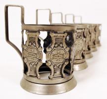 Dekoratív fém teás csésze, üveg betét nélkül, 3 db fém tálca összesen: 8 db