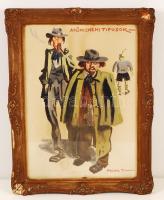 Pólya Tibor (1886-1937): Müncheni típusok. Vegyes technika, papír, jelzett, üvegezett keretben 37×26 cm