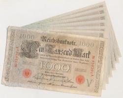 Német Birodalom/Császárság 1910. 1000M (7x) hat- és hétjegyű sorszám, piros pecsét, közte 4db egyugrású és egymás utáni sorszámmal T:I-,III German Empire 1910. 1000 Mark (7x) 6 and 7 digit serial, red seal, 4pcs with almost sequential and sequential serials C:AU,F