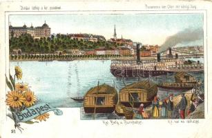 Budapest I. Királyi vár és várbazár, gőzhajó litho (r)