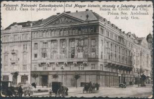 Kolozsvár, Takarékpénztár, Első Magyar Biztosító Társaság, Sebestyén palota / bank, insurance company, palace 'vissza' So. Stpl (ragasztó nyom / gluemark)