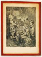 Horváth jelzéssel: Gyerekek a mosókonyhában. Rézkarc, papír, üvegezett keretben, 23×18 cm