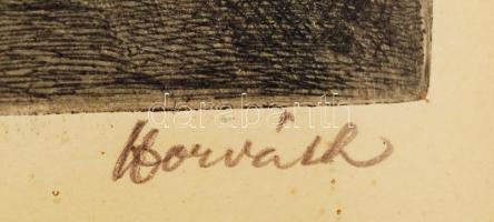 Horváth jelzéssel: Gyerekek a mosókonyhában. Rézkarc, papír, üvegezett keretben, 23×18 cm