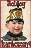 Christmas, Hungarian hussar child, handmade card litho (non PC) (Rb)