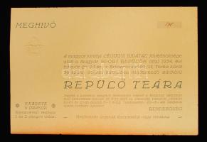 1934 Bp., meghívó a Magyar Királyi Légügyi Hivatal fővédnöksége alatt a Sportrepülők által február 24-re szervezett Repülő tea bálra.