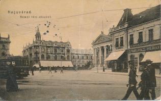 Nagyvárad, Bémer tér, Frankl Róza és Auslander üzlete, Magyar általános hitelbank, villamos / square, shops, bank, tram (fa)
