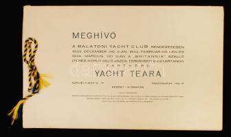 1933 Bp., meghívó a Balatoni Yacht Club által szervezett Yacht tea bálra. A szervezők névsorával.