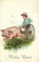 New Year, Pig riding child, clover litho (EK)