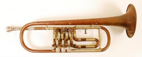 cca 1940 csehszlovák trombita, javításra szorul, több helyen horpadt, réz, h:49 cm / Trumpet