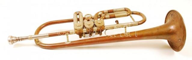 cca 1940 csehszlovák trombita, javításra szorul, több helyen horpadt, réz, h:49 cm / Trumpet