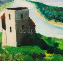 Jelzés nélkül: Torony a hegytetőn. Olaj, farost, kopott, 50×40 cm