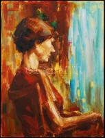 Holló László (1887-1976): Széken ülő lány. Olaj, farost, jelzett, 68×50 cm