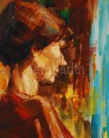 Holló László (1887-1976): Széken ülő lány. Olaj, farost, jelzett, 68×50 cm