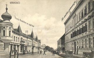 Vinkovce, Vinkovci; Palaca Brodske im opcine, Kr. velika gimnazija, J. Reich's shop, Apoteka / Marine palace, grammar school, shop, pharmacy (Rb)