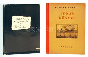 2 db könyv: Babits Mihály: Jónás könyve. [Bp.], [1939], Nyugat, első kiadás. Készült 1000 számozott példányban, 866. sorszámozott példány, Babits Mihály aláírásával. Félvászon kötésben, jó állapotban; Babits Mihály: Jónás könyve. Leírta és rajzolta Borsos Miklós. Bp., 1974, Szépirodalmi Könyvkiadó. Borsos Miklós (1906-1990) szobrász, grafikus dedikációjával. Kicsit kopott kartonált papírkötésben, műanyag védőborítóval, jó állapotban.