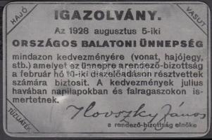 1928 A Balatoni Kultúrnap kedvezményes utazási igazolványa fémlemezből