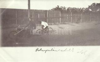 1904 Vezetőmotoros kerékpárverseny, Posszert János (?); fotólap pozsonyi bélyegzéssel / Hungarian bicycle race, photo