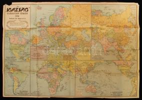 1941 Az Igazság folyóirat tájékoztató térképegyüttese, egy lapon Európa, Ázsia, Észak-Amerika, Dél-Amerika Afrika és a Csendes-óceán térképével, különféle léptékekben. Kicsit szakadt, 82×57,5 cm