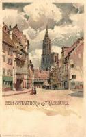 Strasbourg, Spitalthor, Münsterturm / gate, cathedral litho (fa)