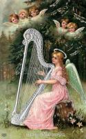 Christmas, harp playing angel, silver decoration Emb. litho (EK)