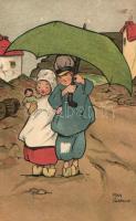 Dutch folklore, children with umbrella litho s: May Gladwin (EB)