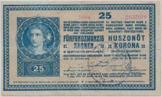 1918. 25K "3004" 3mm, vízszintesen hullámos hátlappal, "Magyar Állampénztár Debrecen" felülbélyegzéssel és "Szegedi Kereskedelmi és Iparbank" szárazpecséttel a hátoldalon T:III,III- Adamo K22/3B