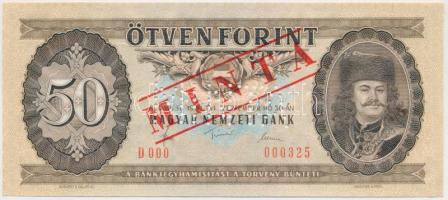 1980. 50Ft "D 000 000325" sorozat és sorszámmal, piros "MINTA" felülnyomással és perforációval T:I Hungary 1980. 50 Forint with "D 000 - 000325" serial number and with red "MINTA" (SPECIMEN) overprint and perforation C:UNC Adamo F22Ma
