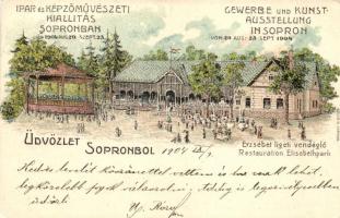 1904. augusztus 20 - szeptember 25. Sopron Ipar- és Képzőművészeti Kiállítás, Erzsébet ligeti vendéglő litho (vágott / cut)