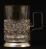 Orosz filigrán díszítésű teás csésze üvegbetéttel, m: 10 cm