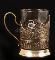 Ezüstözött orosz teás csésze üvegbetéttel, m: 10 cm