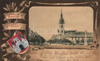 Zombor, Katolikus templom, Schön Adolf kiadása / church; coat of arms, floral litho