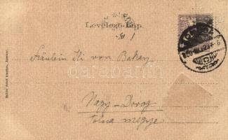 Zombor, Katolikus templom, Schön Adolf kiadása / church; coat of arms, floral litho