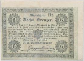 1849. 6Kr K. K. Hauptmünzamt Münzschein T:III Austrian Empire 1849. 6 Kreuzer K. K. Hauptmünzamt Münzschein C:F Adamo G84