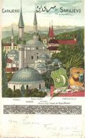 1898 Sarajevo, Begova Djamia, Katholische Kirche; Wappen der Islam, Bosnisches Landeswappen / coat of arms litho