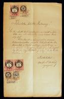 1885 Kérvény a verseci magyar királyi járásbírósághoz zálogjogok ügyében, 3 db 1 Ft-os, 2 db 50 krajcáros és 1 db 3 krajcáros illetékbélyeggel. A hátlapján a verseci bíróság szerb nyelvű, kézzel írt határozata 1946-ból.